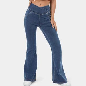 High Waisted Crossover Pocket Washed Stretchy Knit Denim Super Flare Pants